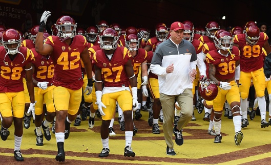 LOS ANGELES, CA - NOVEMBER 26:  Head  Clay Helton of the USC Trojans leads his team on the field for the game against the Notre Dame Fighting Irishat the Los Angeles Memorial Coliseum on November 26, 2016.  (Photo by Jayne Kamin-Oncea/Getty Images)